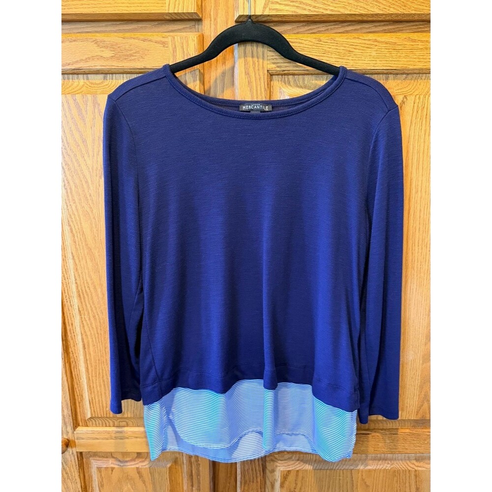 J. Crew Navy Long Sleeve Tee with Light Blue Striped Hem, Cute Business Casual
